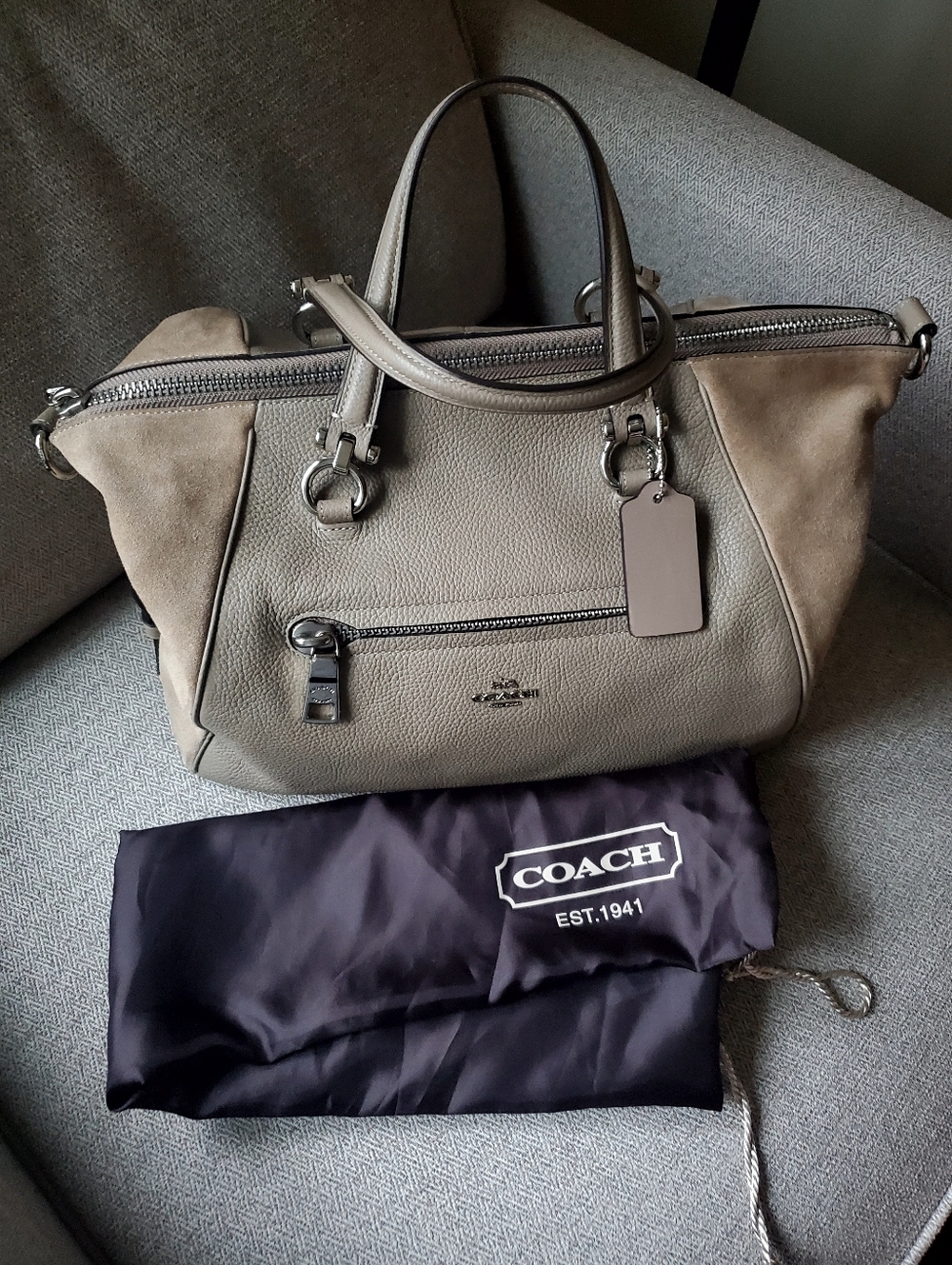 Coach Primrose Beige Taupe Leather Satchel Carryall Bag Two Way Crossbody